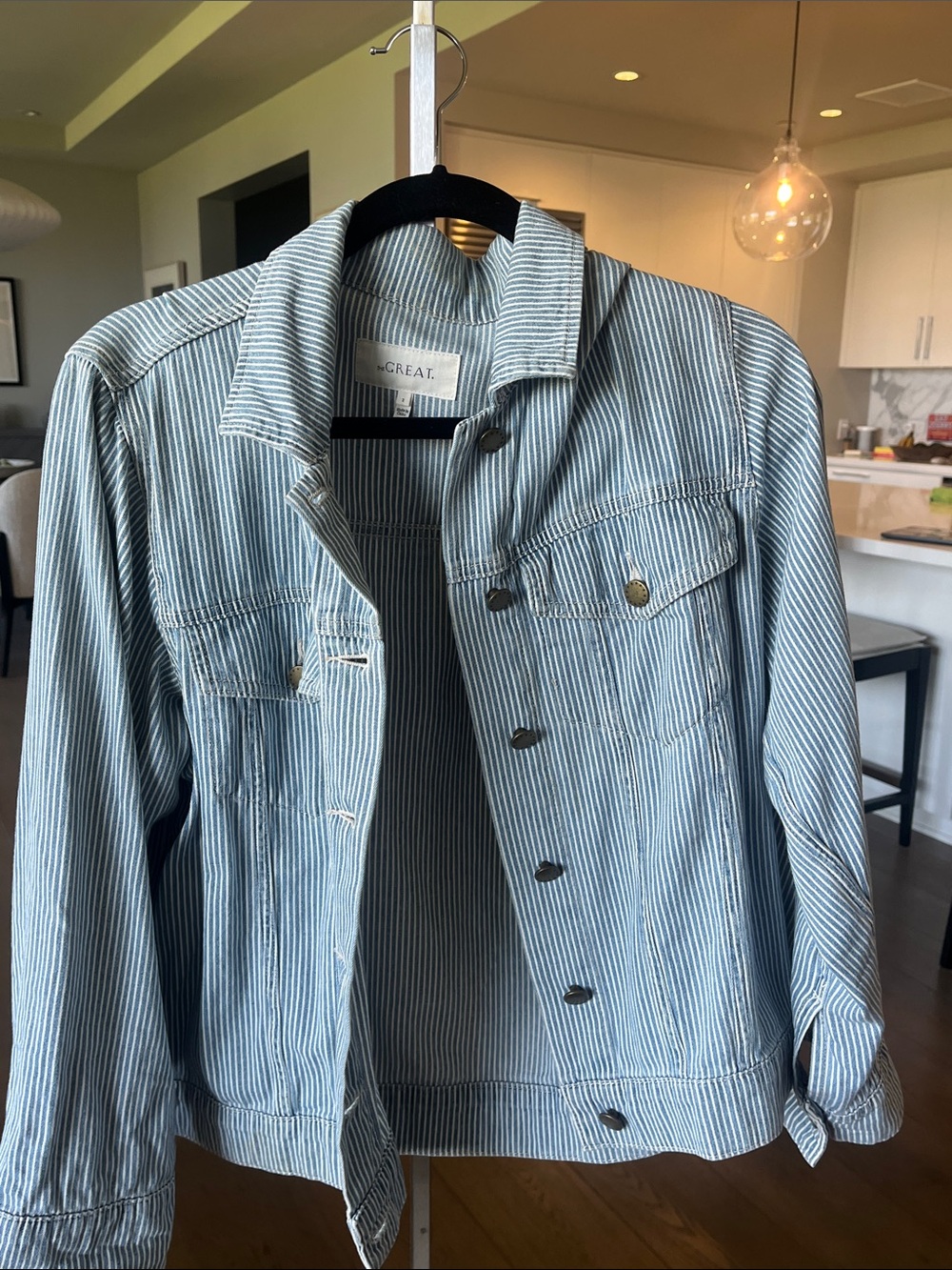 The Great Light Blue and White Striped Denim Jacket